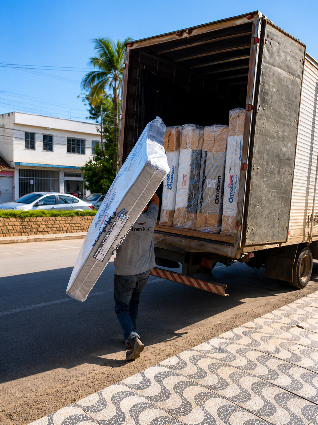 Carregamento de colchões para entrega regional da Fábio Colchões Arcos